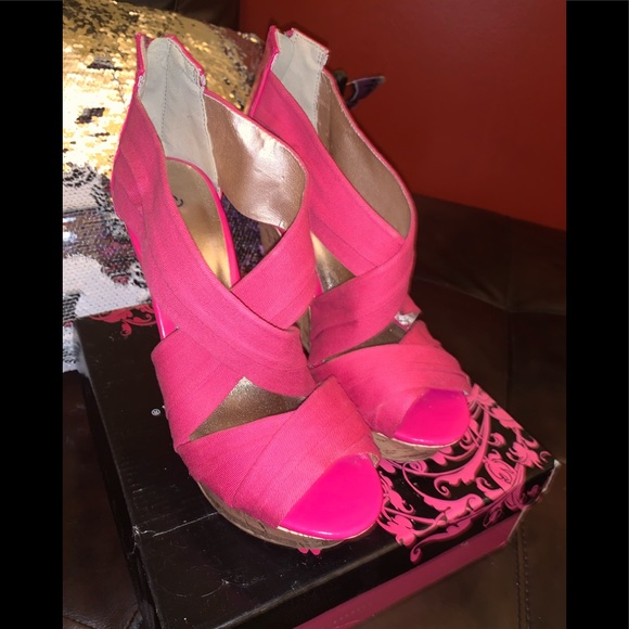 Pink Strappy Cork Platforms - Fuschia Twill - Picture 8 of 8